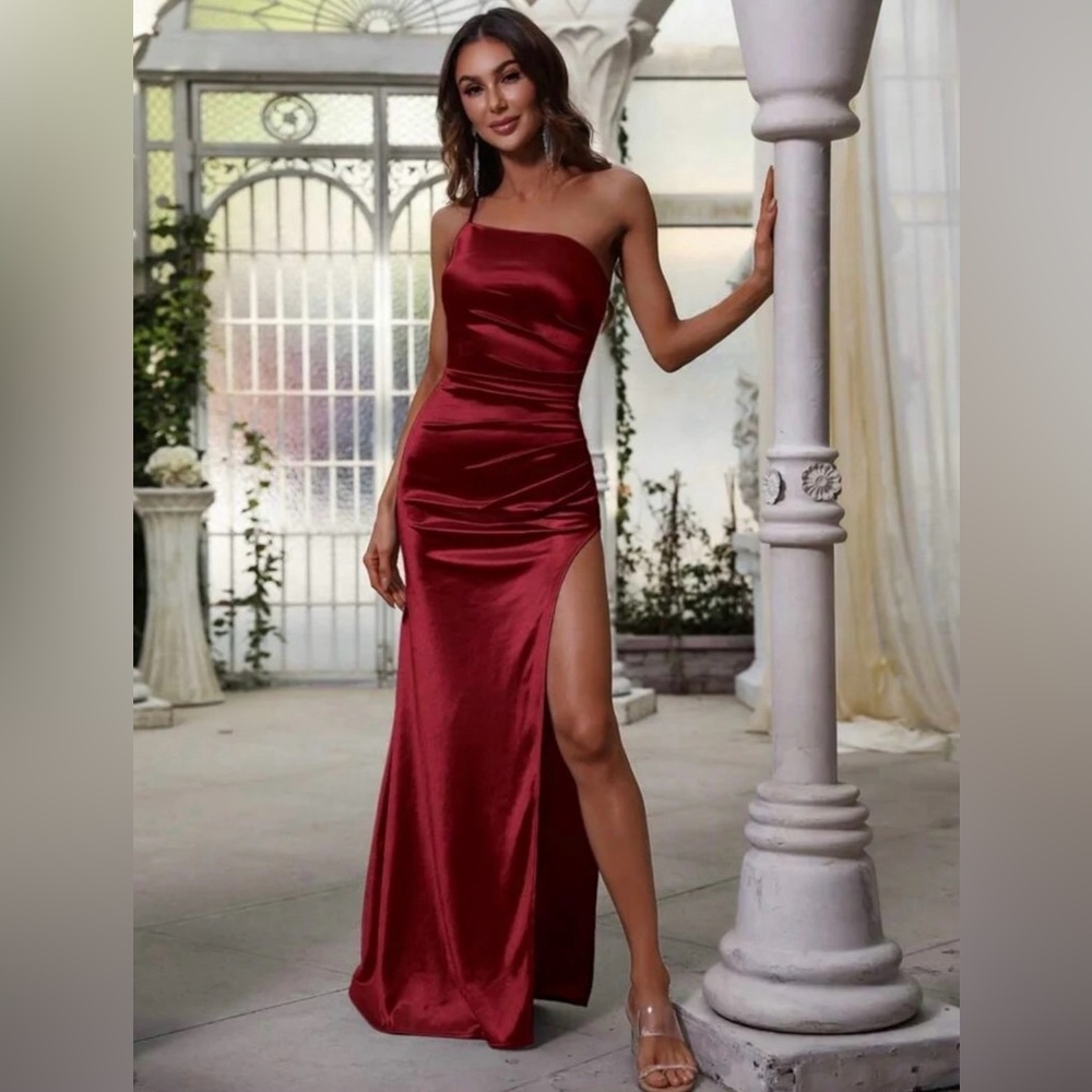Shein-Brand New Burgundy One-Shoulder Split Thigh Satin Dress- size 2 (XS)
